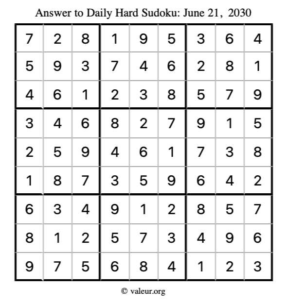 Answer to hard sudoku June 21, 2030