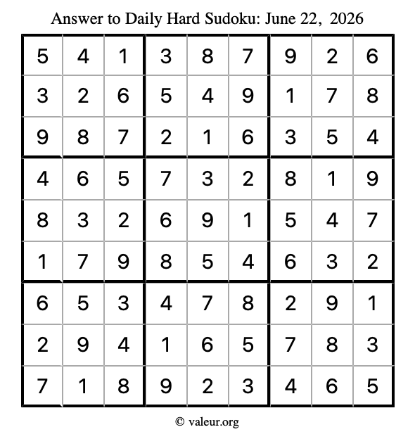 Answer to hard sudoku June 22, 2026