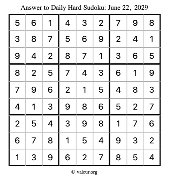 Answer to hard sudoku June 22, 2029