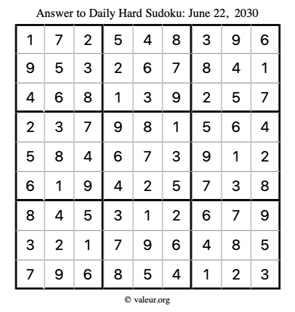 Answer to hard sudoku June 22, 2030