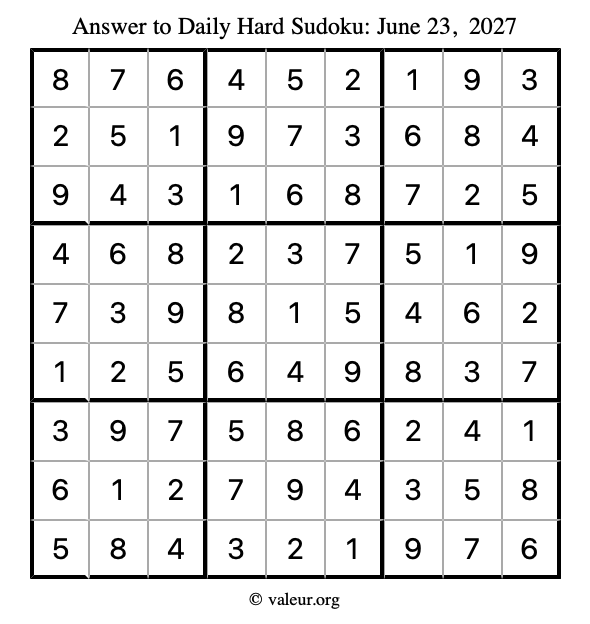 Answer to hard sudoku June 23, 2027