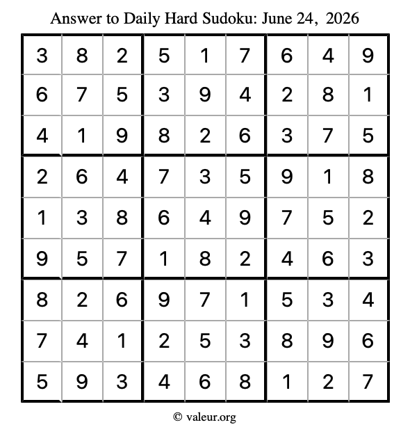 Answer to hard sudoku June 24, 2026