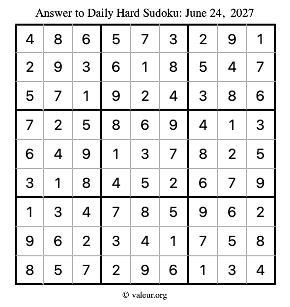 Answer to hard sudoku June 24, 2027