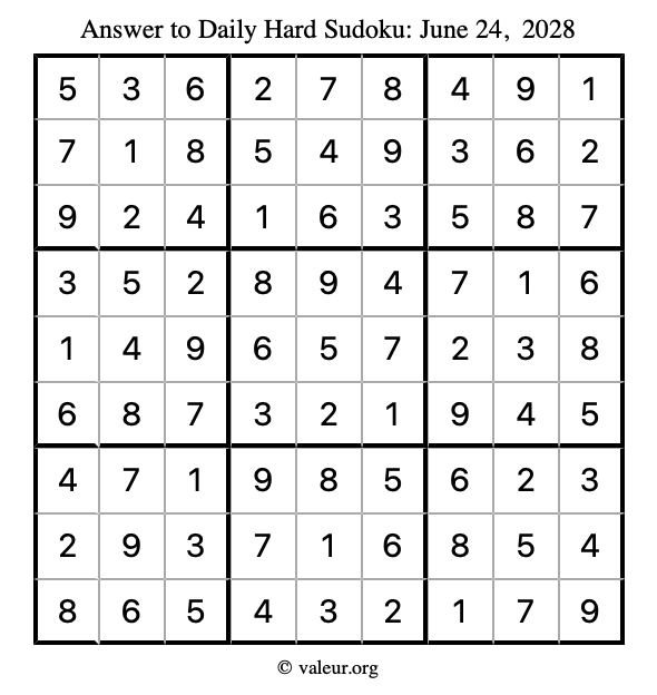Answer to hard sudoku June 24, 2028