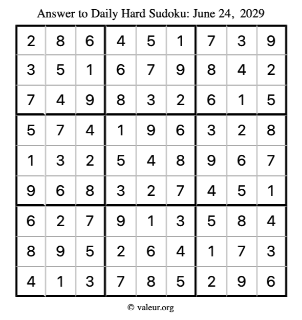 Answer to hard sudoku June 24, 2029