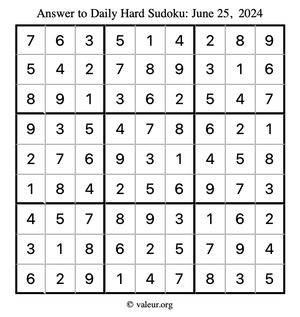 Answer to hard sudoku June 25, 2024