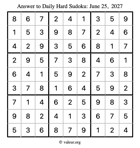 Answer to hard sudoku June 25, 2027
