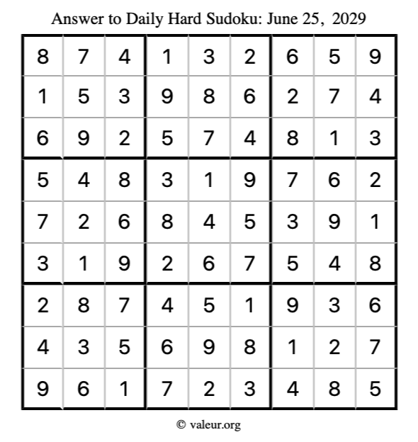 Answer to hard sudoku June 25, 2029