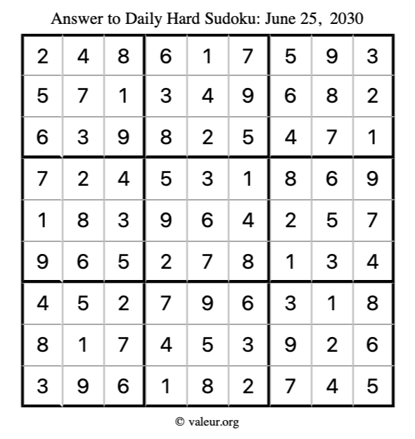 Answer to hard sudoku June 25, 2030