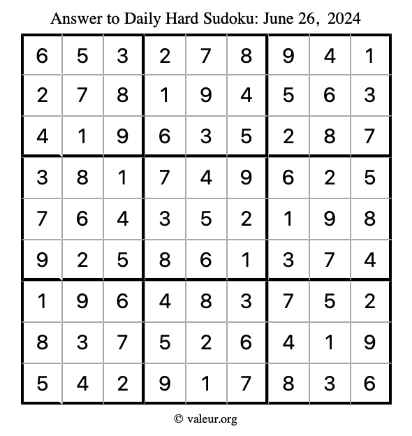Answer to hard sudoku June 26, 2024