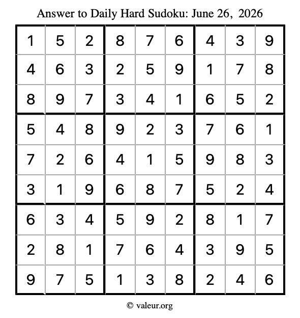 Answer to hard sudoku June 26, 2026