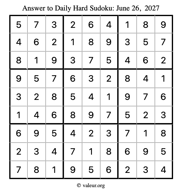 Answer to hard sudoku June 26, 2027