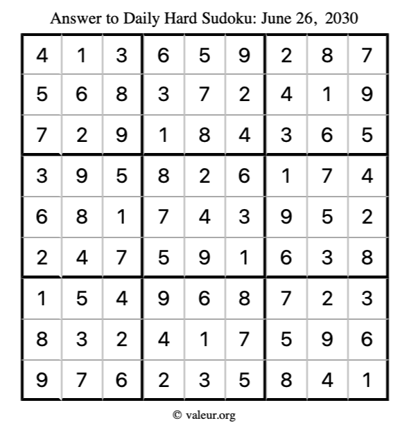 Answer to hard sudoku June 26, 2030