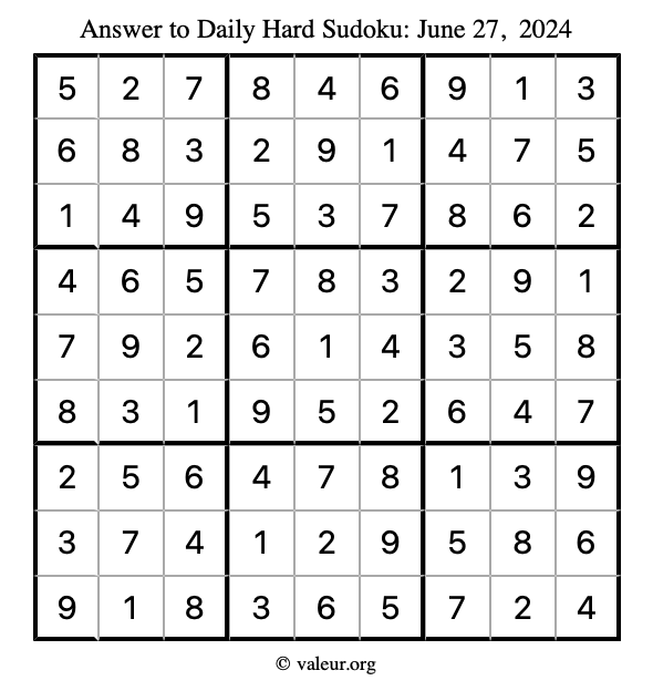 Answer to hard sudoku June 27, 2024