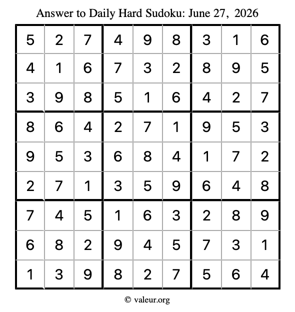 Answer to hard sudoku June 27, 2026