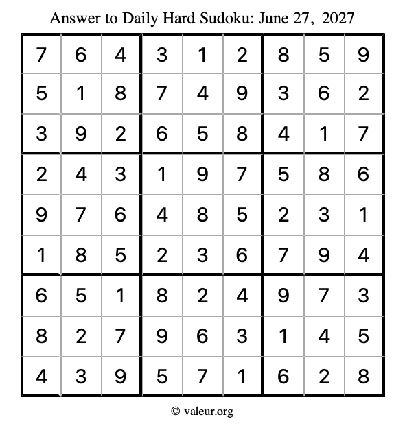 Answer to hard sudoku June 27, 2027