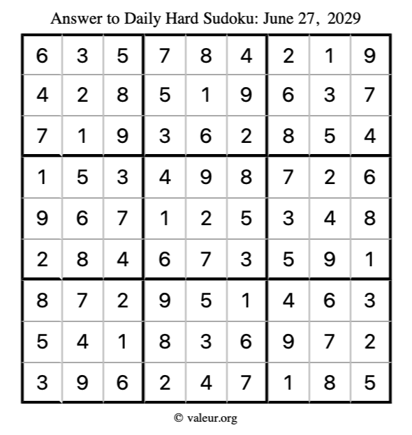 Answer to hard sudoku June 27, 2029
