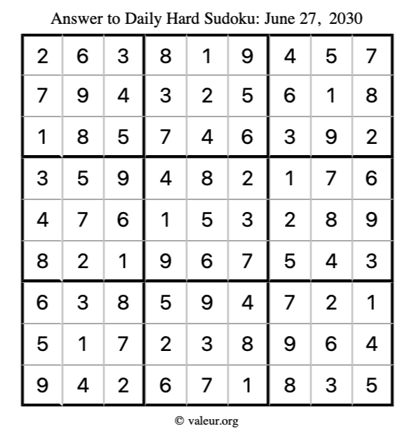 Answer to hard sudoku June 27, 2030