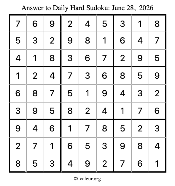 Answer to hard sudoku June 28, 2026