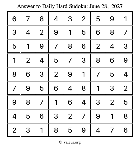 Answer to hard sudoku June 28, 2027