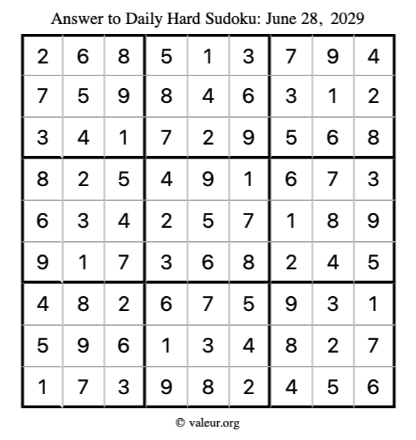 Answer to hard sudoku June 28, 2029