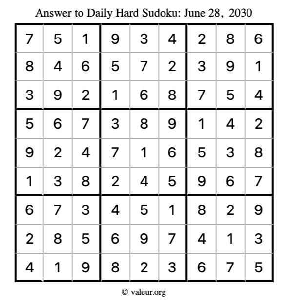 Answer to hard sudoku June 28, 2030