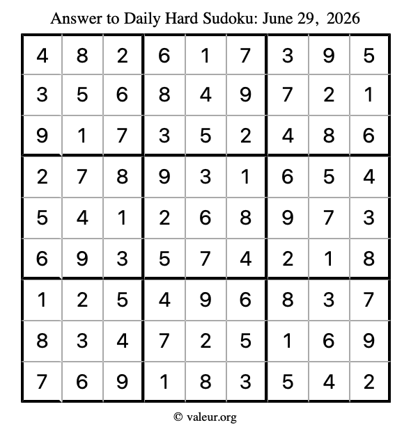 Answer to hard sudoku June 29, 2026