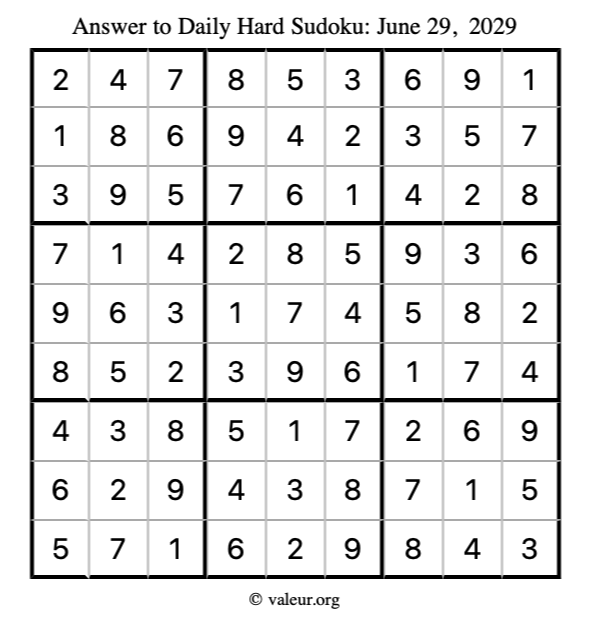 Answer to hard sudoku June 29, 2029