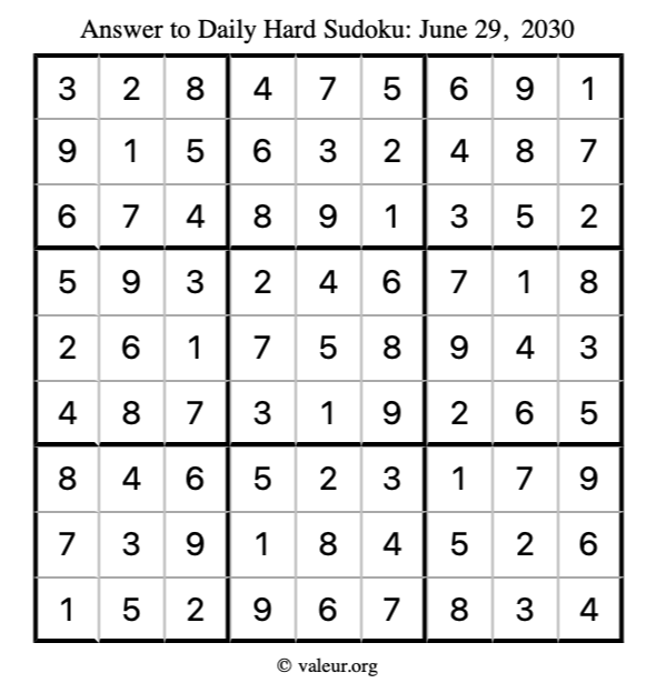 Answer to hard sudoku June 29, 2030