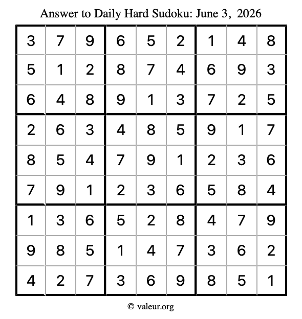 Answer to hard sudoku June 3, 2026