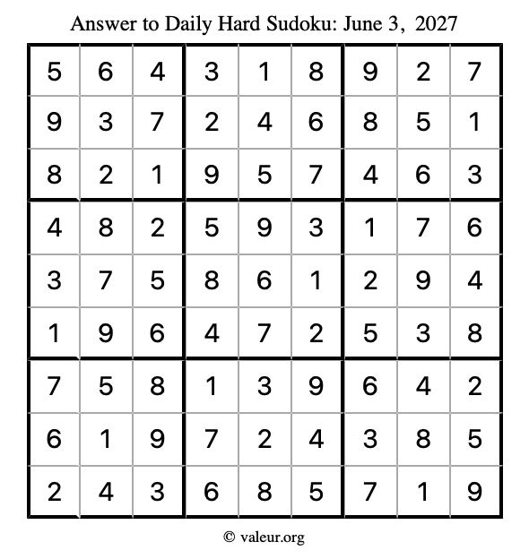 Answer to hard sudoku June 3, 2027