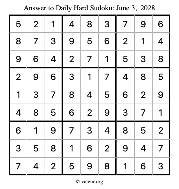 Answer to hard sudoku June 3, 2028