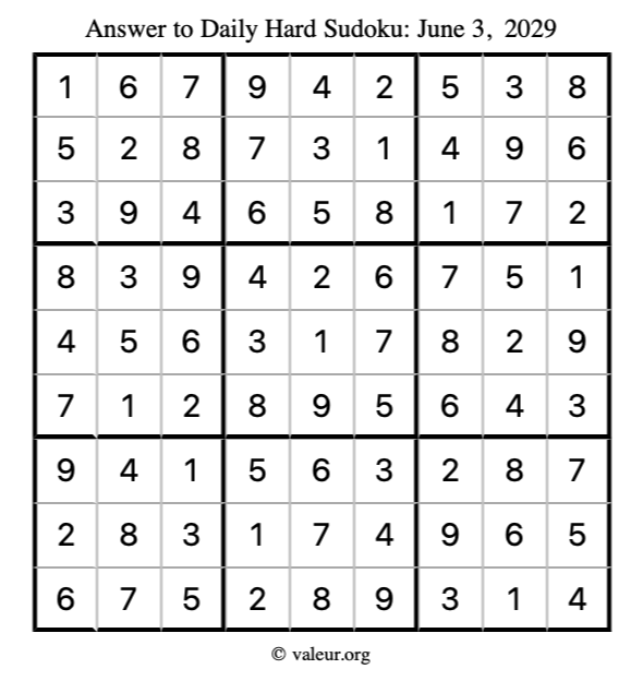 Answer to hard sudoku June 3, 2029