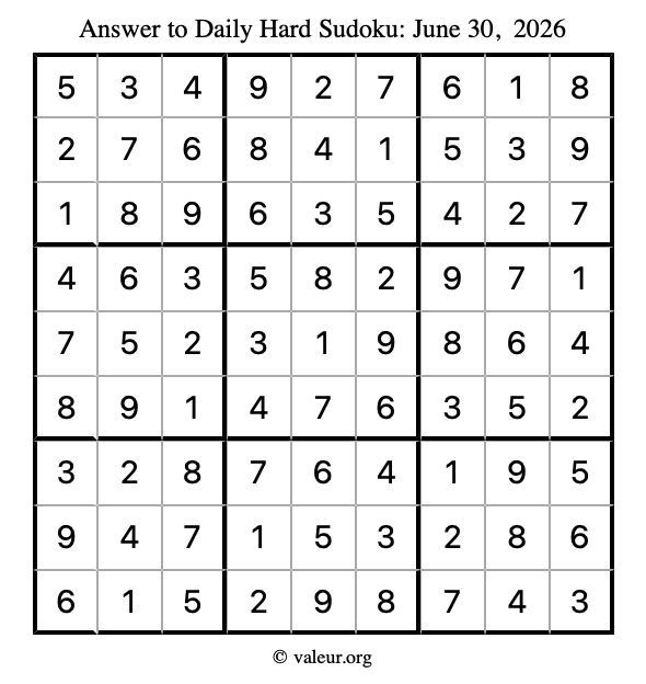Answer to hard sudoku June 30, 2026