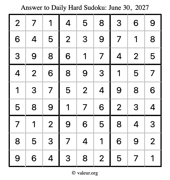 Answer to hard sudoku June 30, 2027