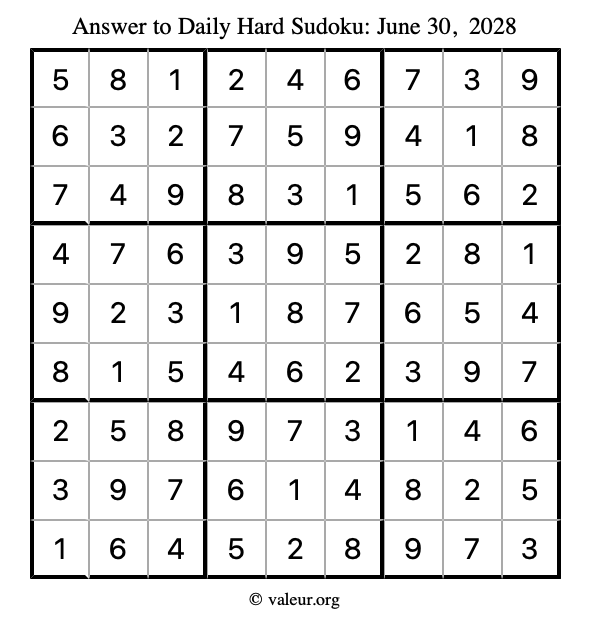Answer to hard sudoku June 30, 2028