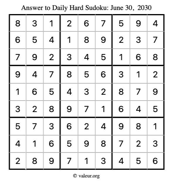 Answer to hard sudoku June 30, 2030