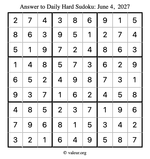 Answer to hard sudoku June 4, 2027