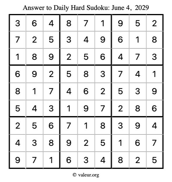 Answer to hard sudoku June 4, 2029