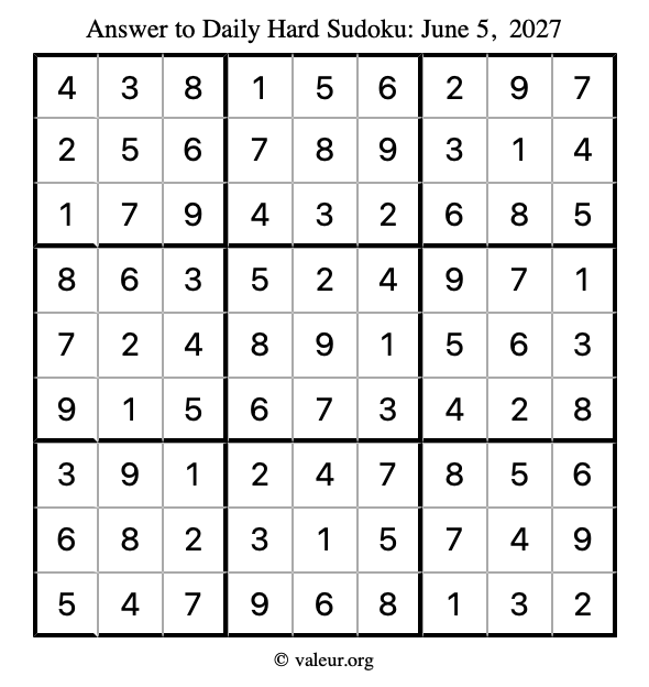Answer to hard sudoku June 5, 2027