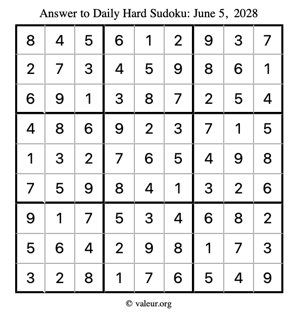 Answer to hard sudoku June 5, 2028