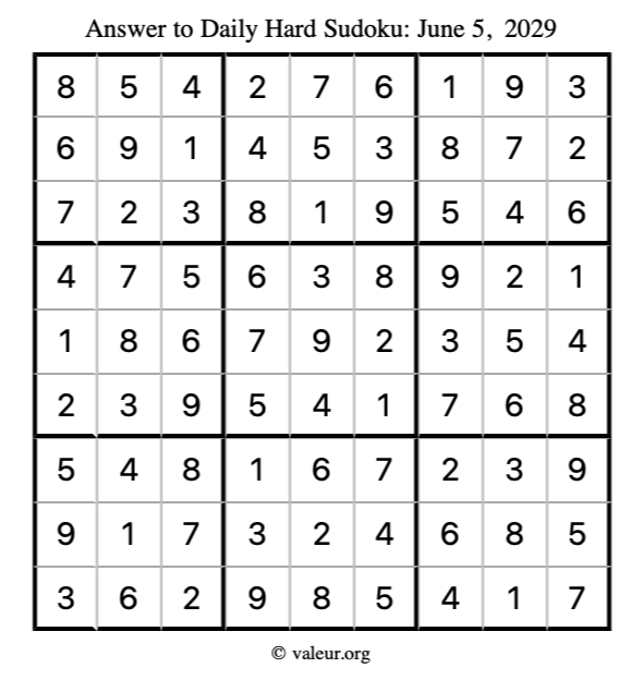 Answer to hard sudoku June 5, 2029