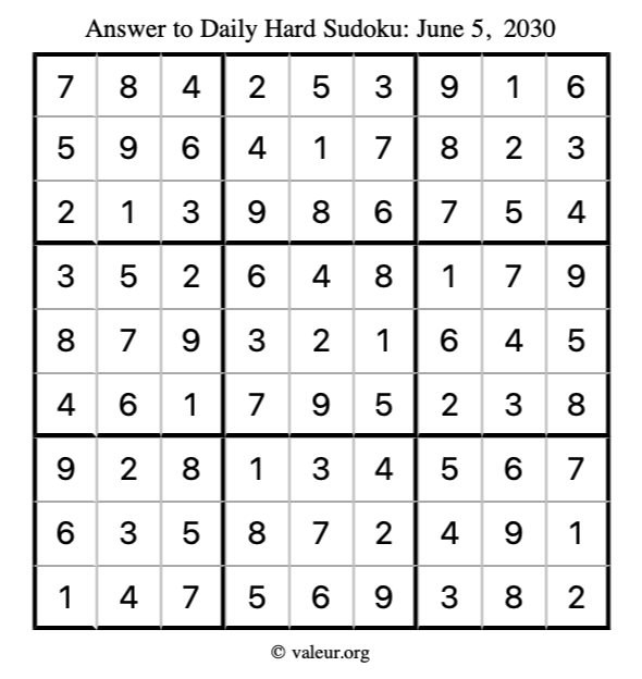 Answer to hard sudoku June 5, 2030