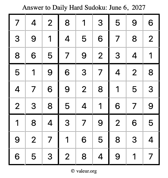 Answer to hard sudoku June 6, 2027