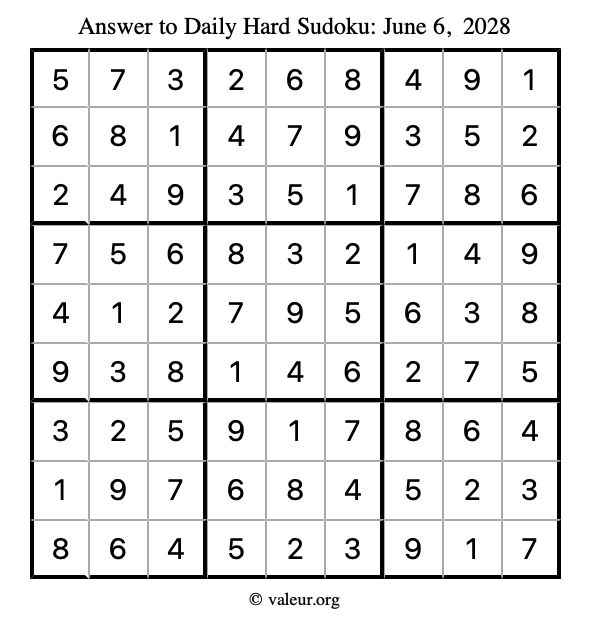 Answer to hard sudoku June 6, 2028