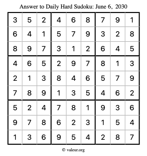 Answer to hard sudoku June 6, 2030