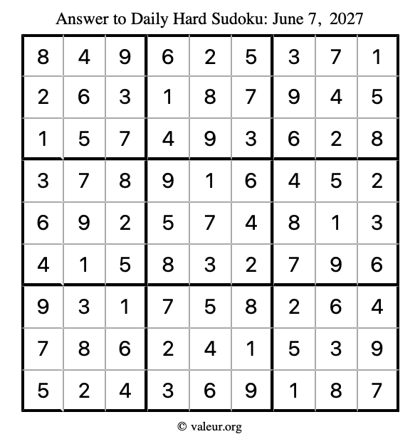 Answer to hard sudoku June 7, 2027