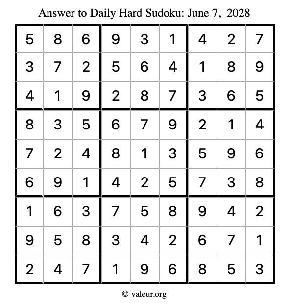 Answer to hard sudoku June 7, 2028