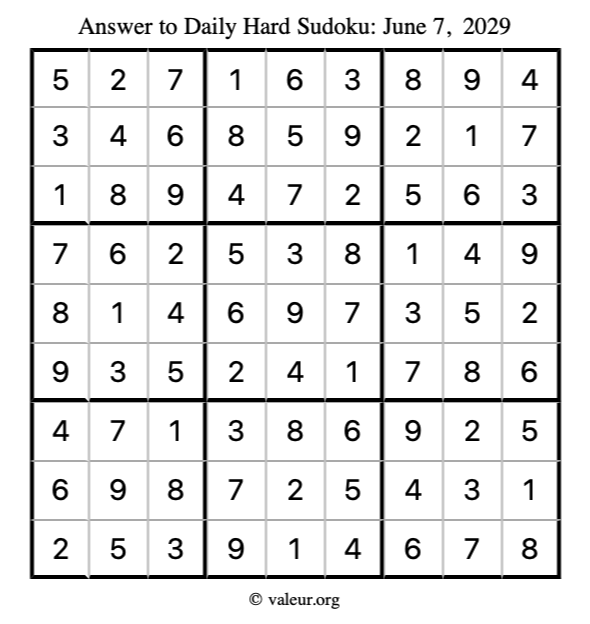 Answer to hard sudoku June 7, 2029
