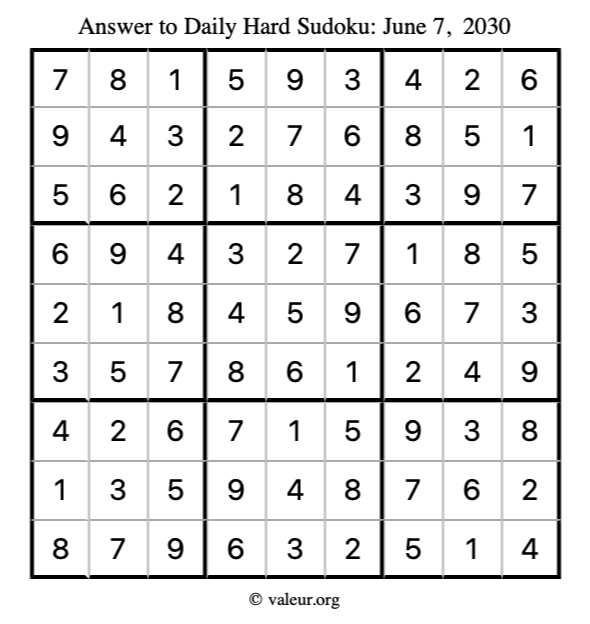 Answer to hard sudoku June 7, 2030